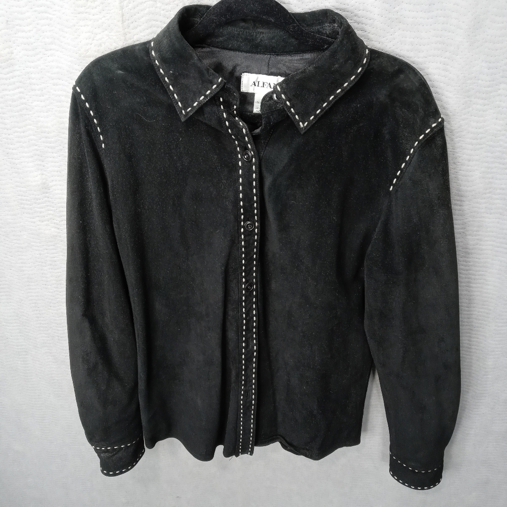 Alfani women's black suede bold stitch button fron